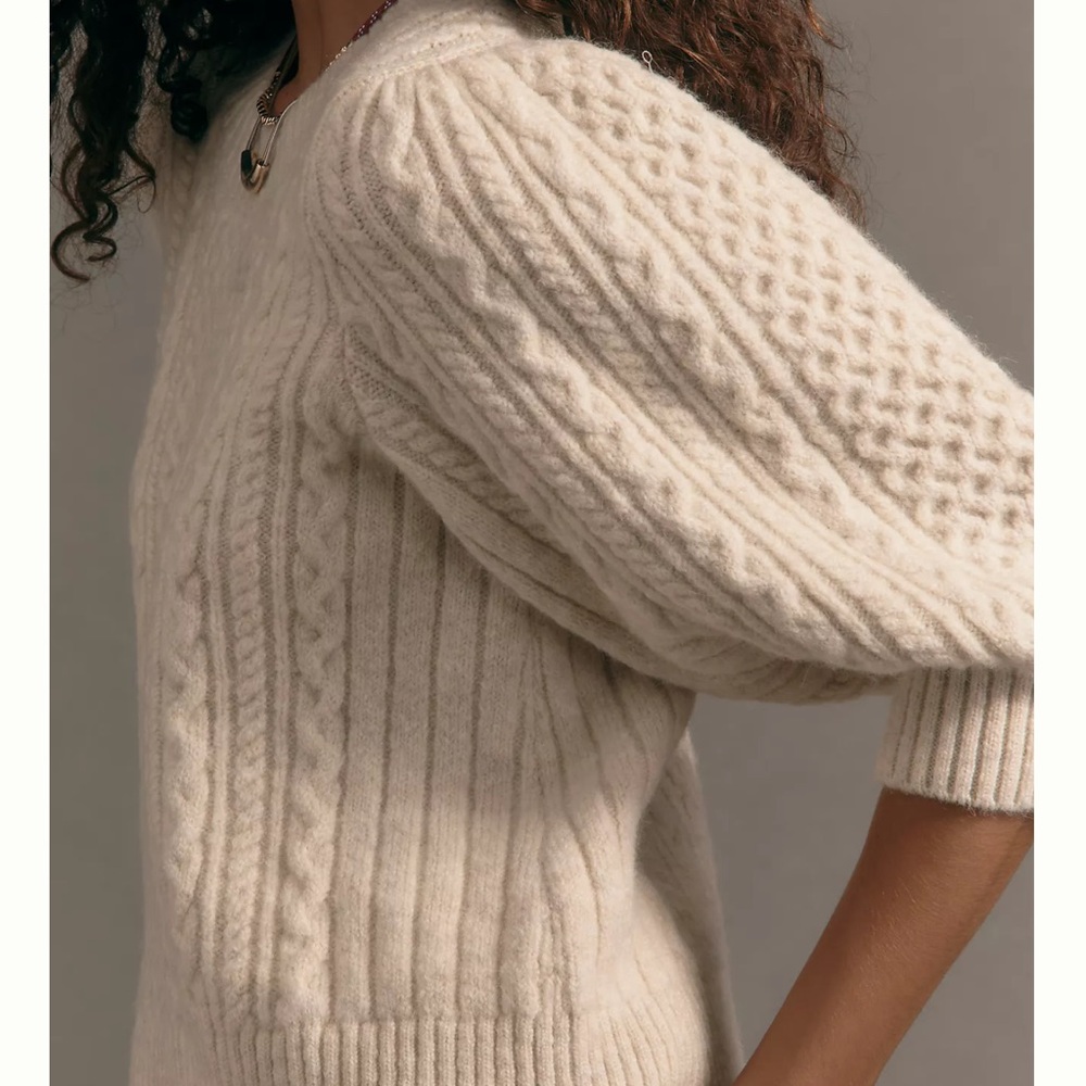 Maeve Puff-Sleeve Crew-Neck Cable-Knit Sweater - Picture 3 of 3
